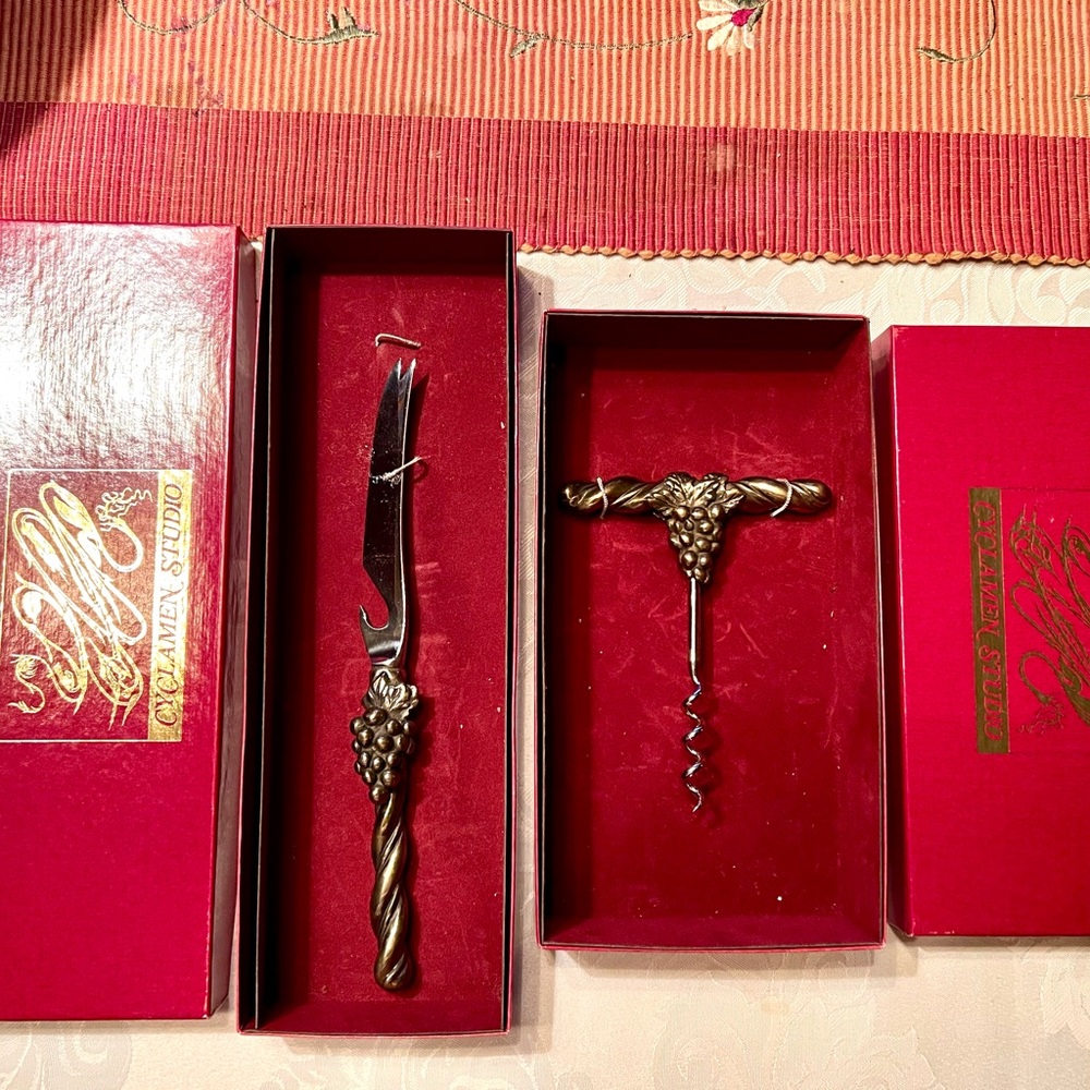 Vintage Wine Corkscrew and Cheese Knife Set by Cyclamen Studio, grapevine design